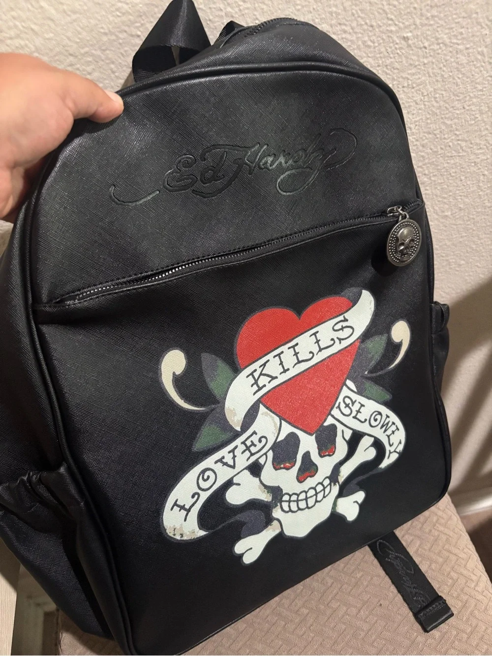 Ed Hardy Unisex Black Backpack with Red Heart and White Skull Graphic
